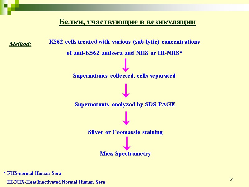 51 Белки, участвующие в везикуляции Method: * NHS-normal Human Sera    HI-NHS-Heat